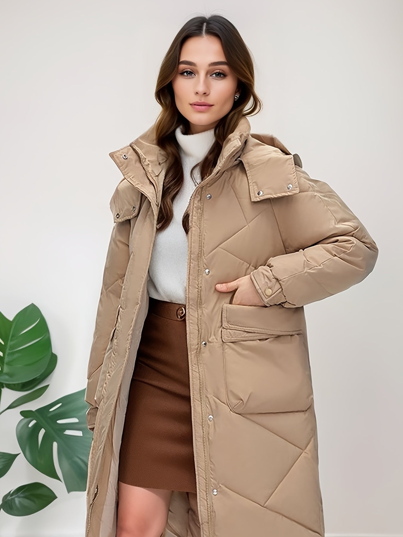 Button Front Warm Hooded Coat, Casual Long Length Winter Outerwear, Women's Clothing