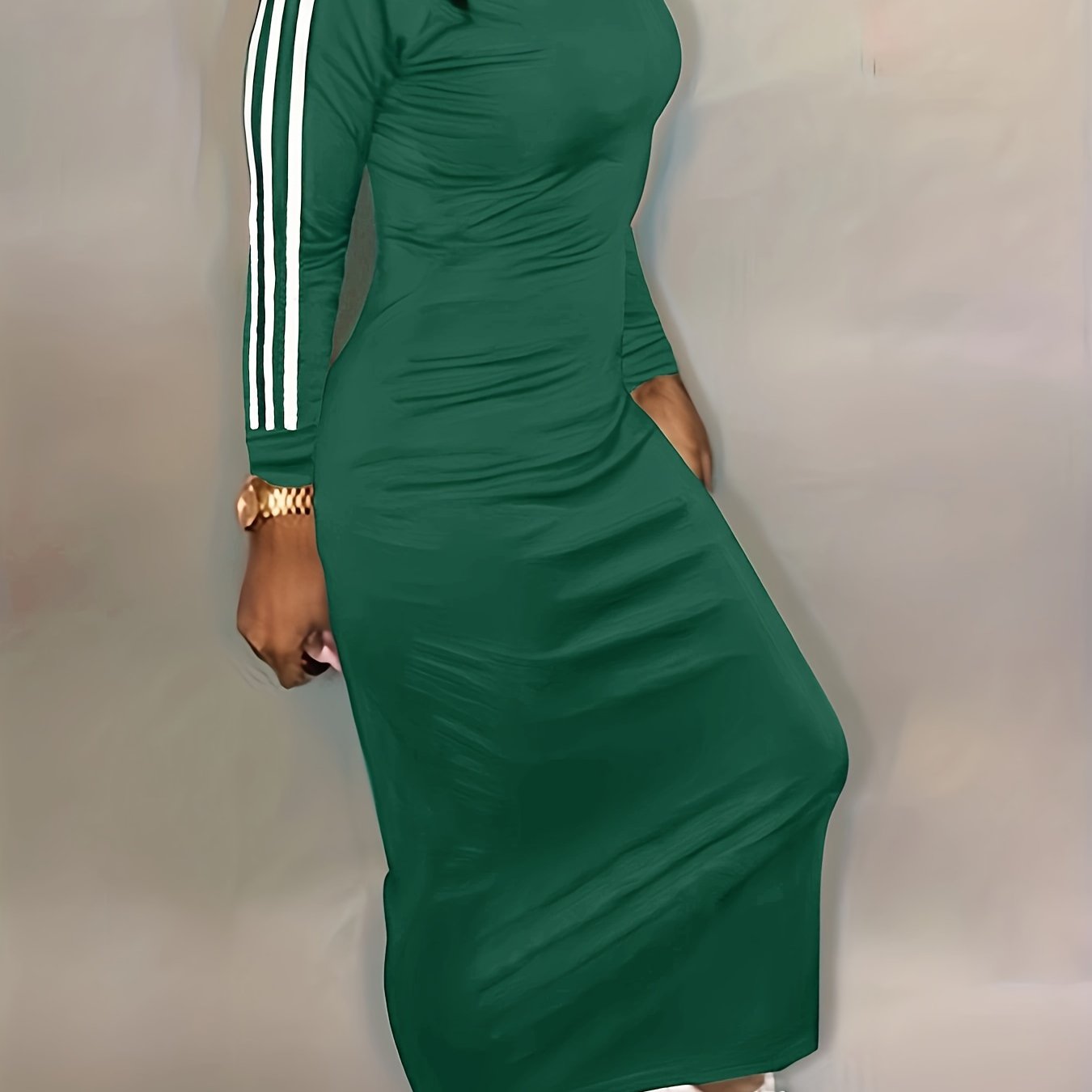 gbolsos Striped Print Bodycon Dress, Casual Long Sleeve Maxi Dress, Women's Clothing