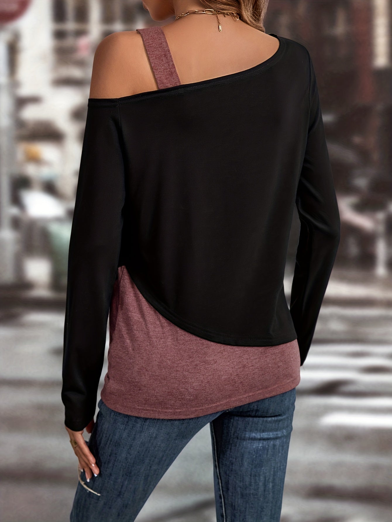 Colorblock Cold Shoulder T-Shirt, Casual Long Sleeve Top For Spring & Fall, Women's Clothing