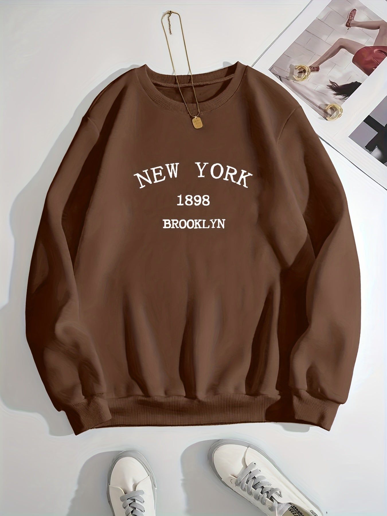 New York Brooklyn Print Loose Sweatshirt, Casual Long Sleeve Crew Neck Sweatshirt, Women's Clothing
