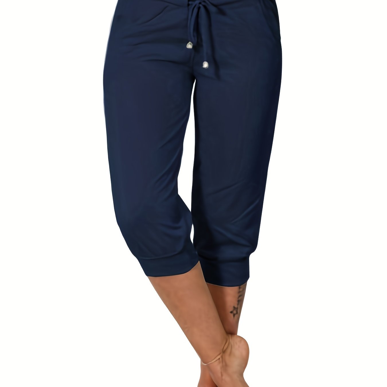 gbolsos Drawstring Workout Cropped Pants, Casual Solid Summer Pants With Pockets, Women's Clothing
