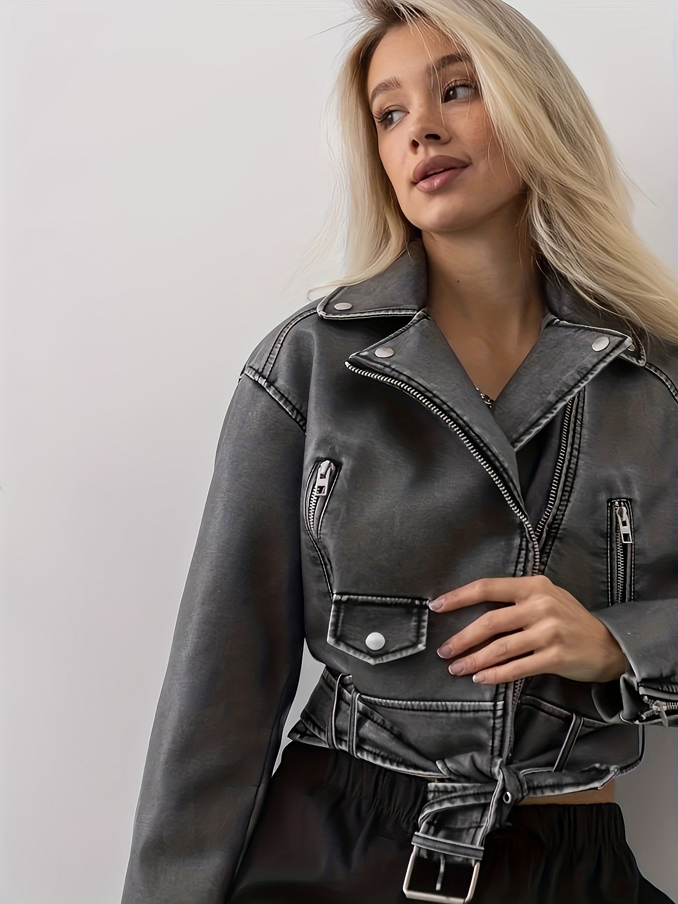 gbolsos Cropped Faux Leather Biker Jacket, Vintage Slant Pockets Belt Decor Jacket, Women's Clothing