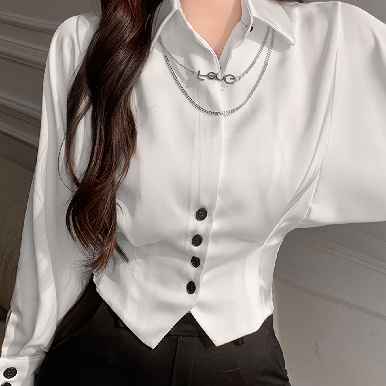 gbolsos Solid Button Front Slim Shirt, Elegant Long Sleeve Shirt For Spring & Fall, Women's Clothing