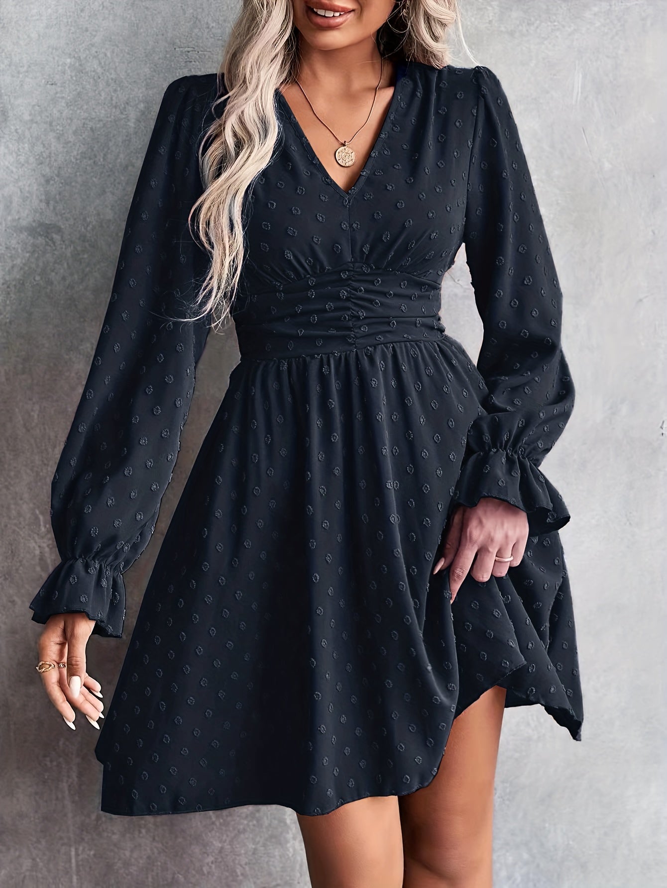 gbolsos Swiss Dot V Neck Dress, Casual Cinched Waist Long Sleeve Dress, Women's Clothing