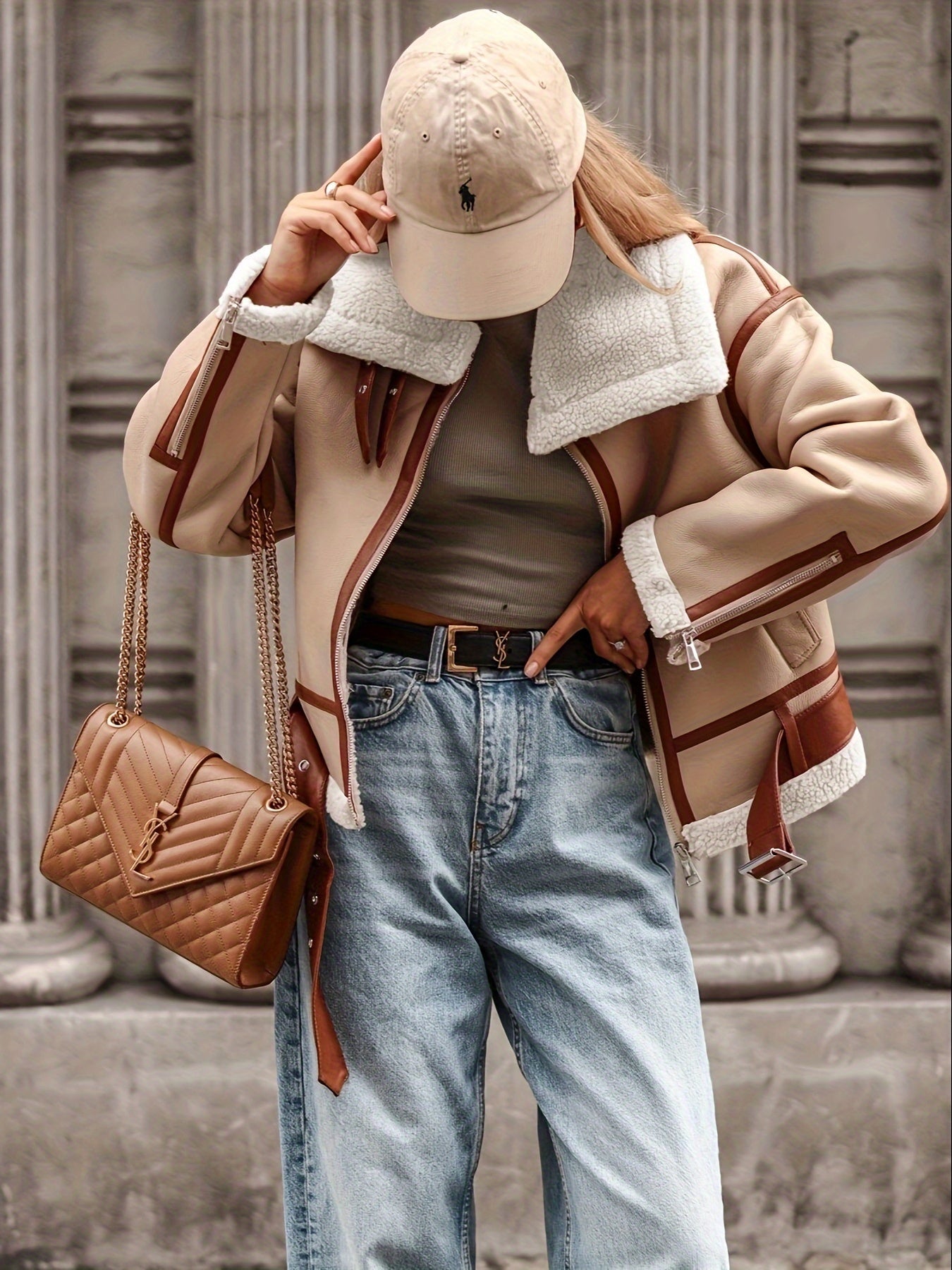 gbolsos Faux Leather Contrast Trim Zip-up Jacket, Stylish Long Sleeve Lapel Belt Jacket For Fall & Winter, Women's Clothing