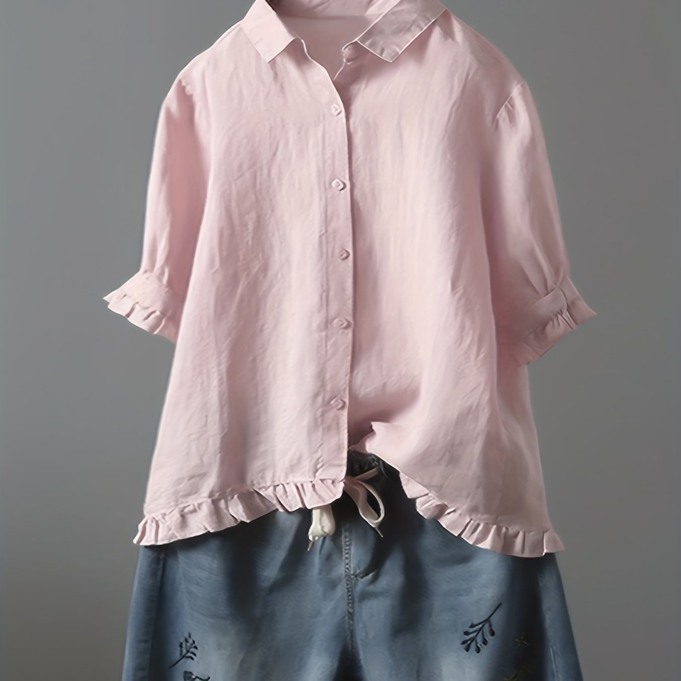 Solid Ruffle Trim 3/4 Sleeve T-Shirt, Casual All-Seasons Tops, Women's Clothing