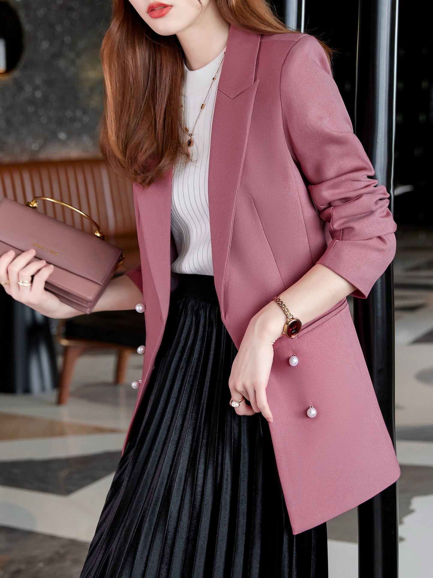 gbolsos Solid Lapel Beaded Button Blazer, Casual Long Sleeve Blazer For Office, Women's Clothing