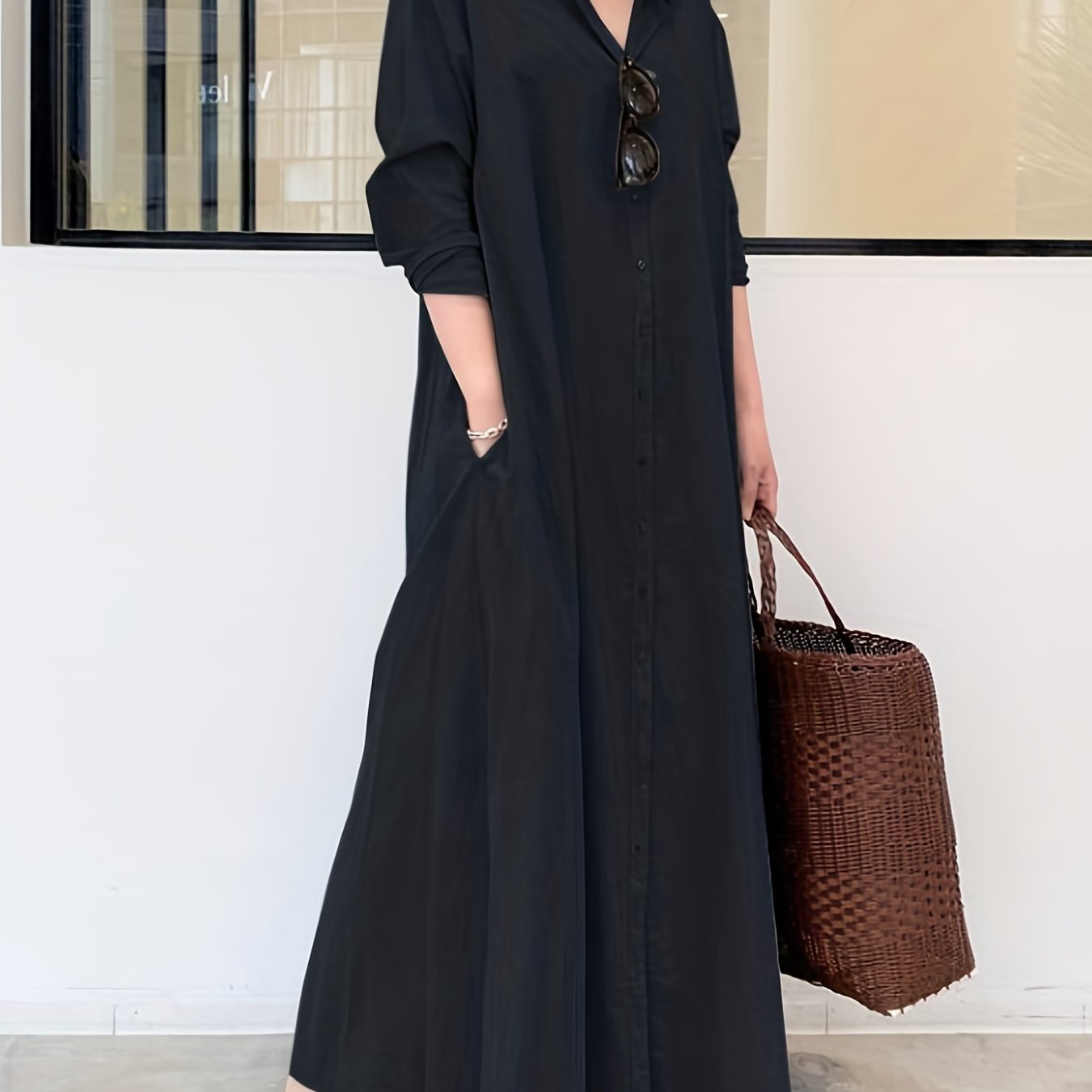 gbolsos Button Front Kaftan Dress, Casual Solid Long Sleeve Maxi Dress, Women's Clothing