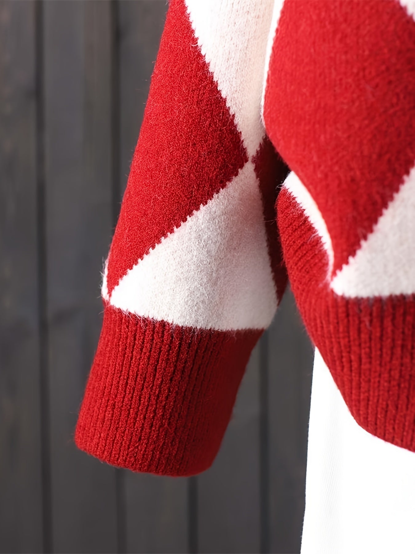 gbolsos Red & White Argyle Loose Cardigans, Vintage V-neck Long Sleeve Fall Winter Knit Cardigan, Women's Clothing