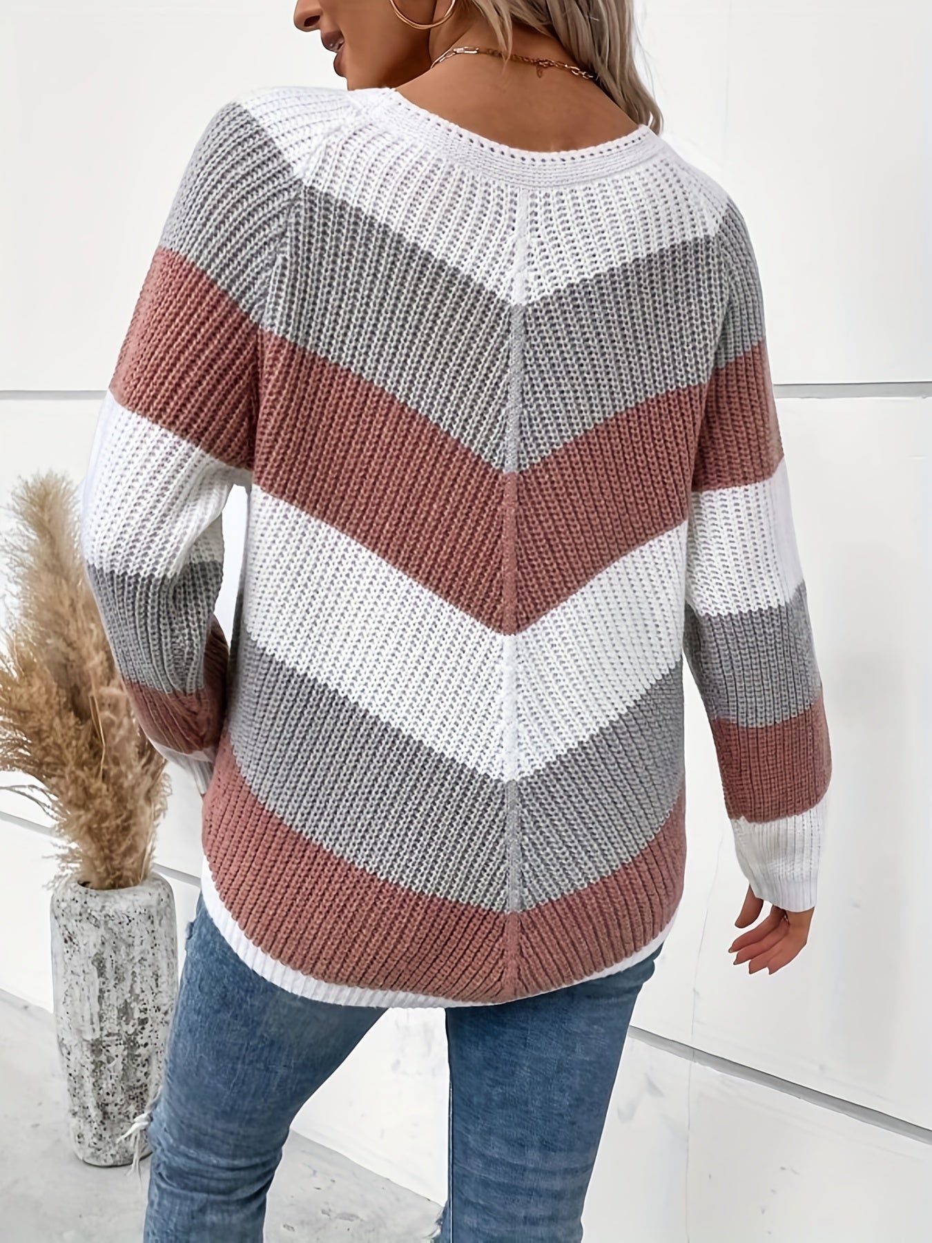 Color Block Crew Neck Sweater, Casual Long Sleeve Sweater For Fall & Winter, Women's Clothing
