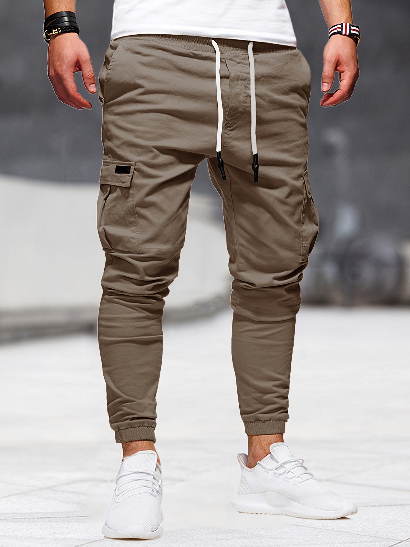 gbolsos Solid Multi Flap Pockets Men's Drawstring Cargo Pants, Slim Fit Elastic Casual Outdoor Pants, Men's Work Pants