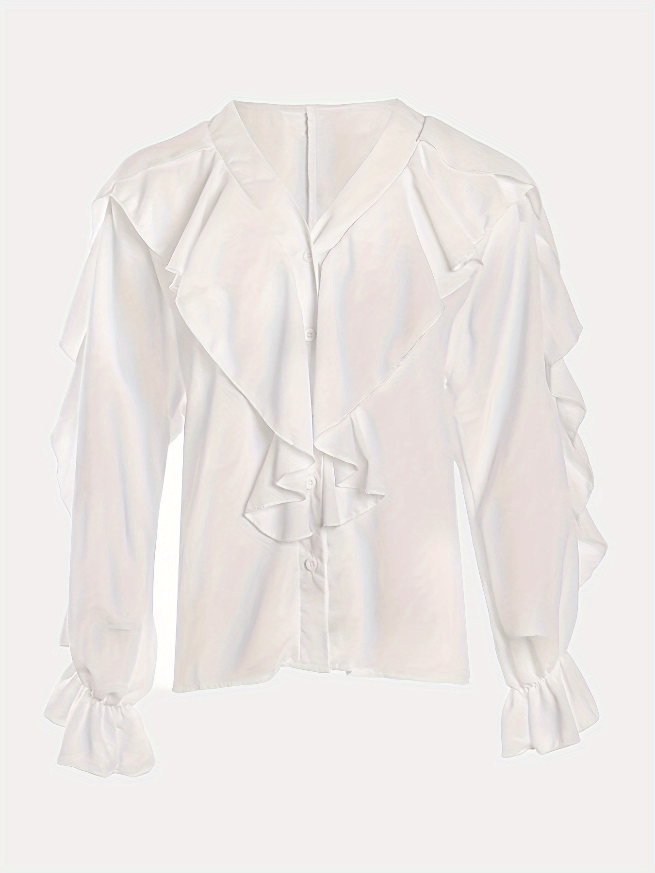 gbolsos Ruffle Trim Solid Blouse, Sexy V Neck Button Front Long Sleeve Blouse, Women's Clothing