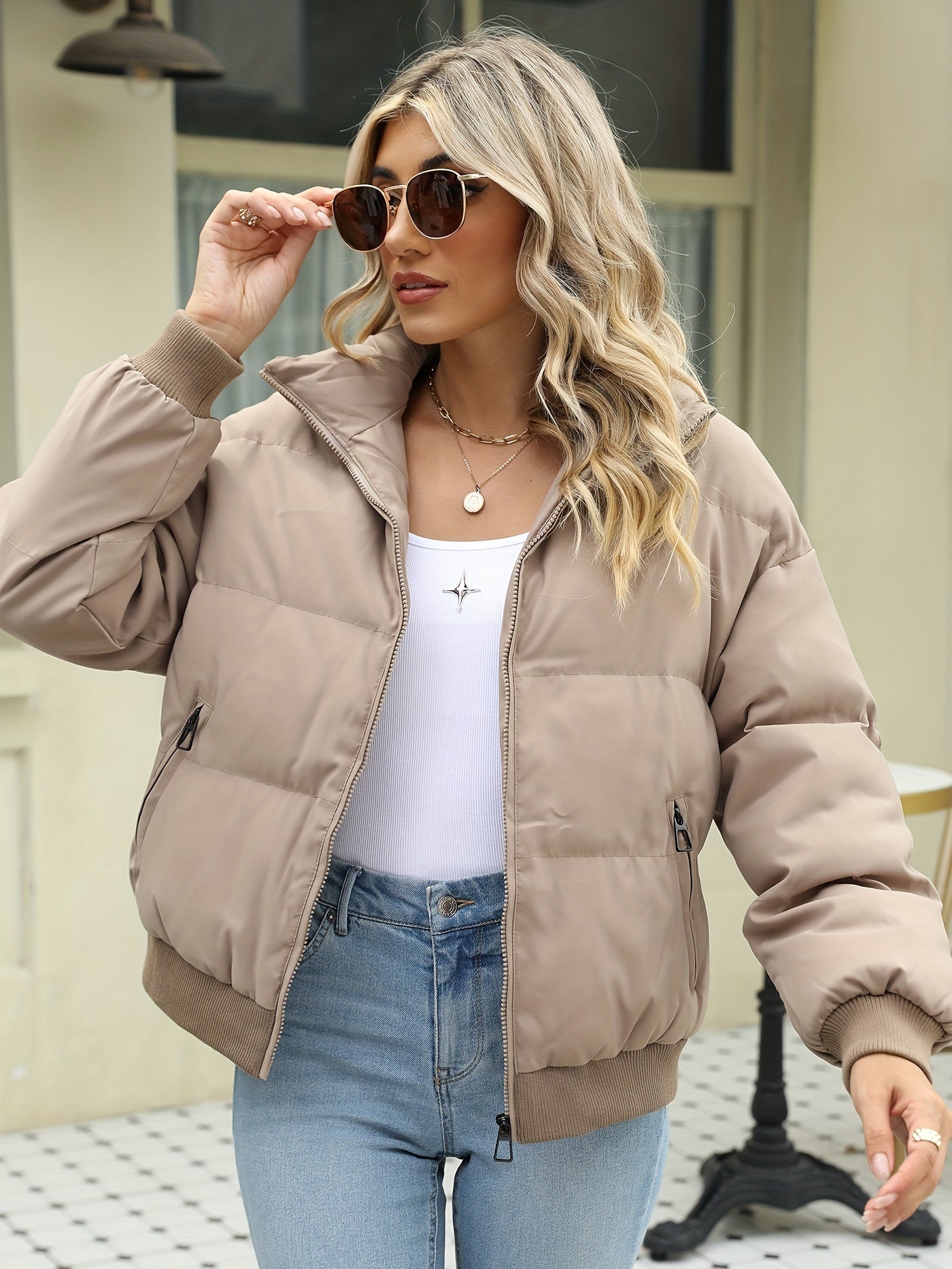 gbolsos Contrast Trim Slant Pockets Coat, Casual Zip Up Long Sleeve Coat For Winter, Women's Clothing