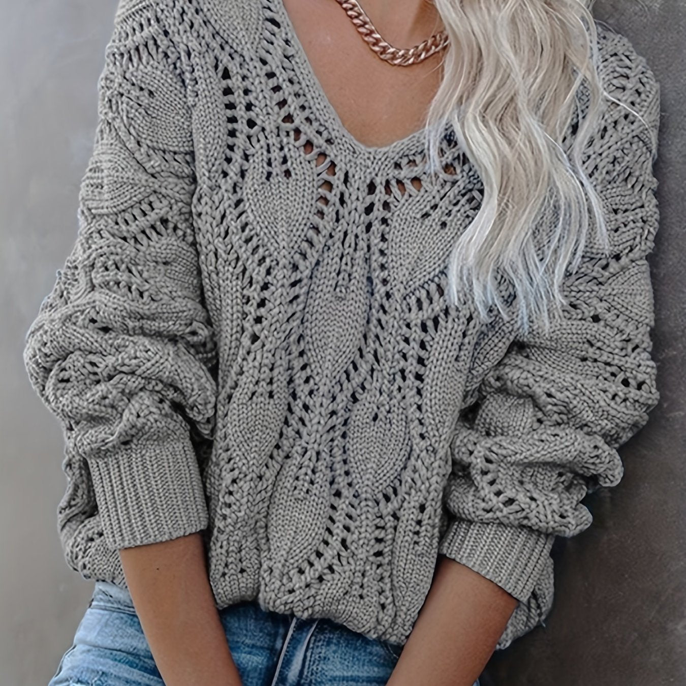 Cut Out V Neck Sweater, Casual Long Sleeve Sweater For Fall & Winter, Women's Clothing