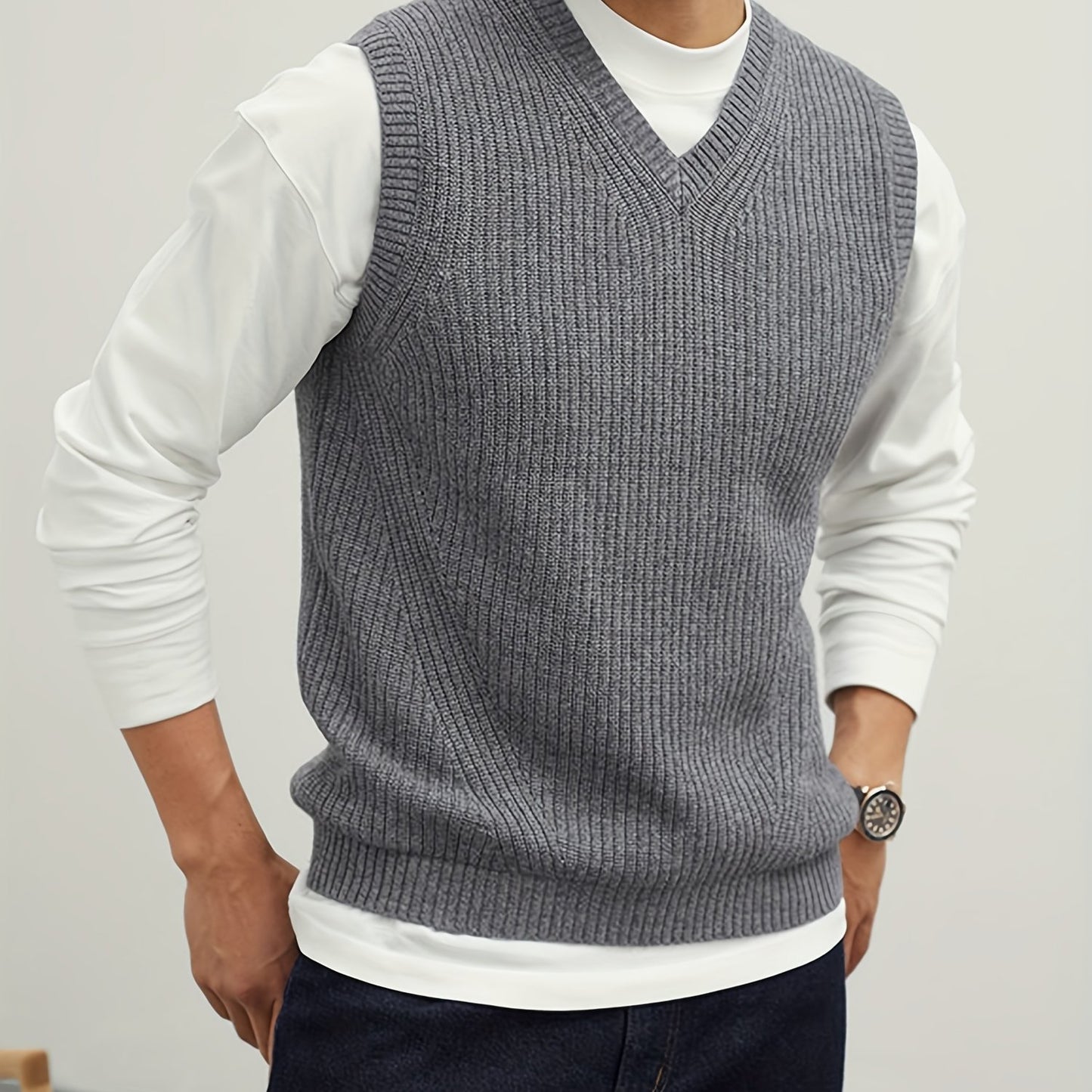 gbolsos Men's V Neck Sweater Vest, Pullover Solid Color Sleeveless Sweaters Vest, Preppy Style