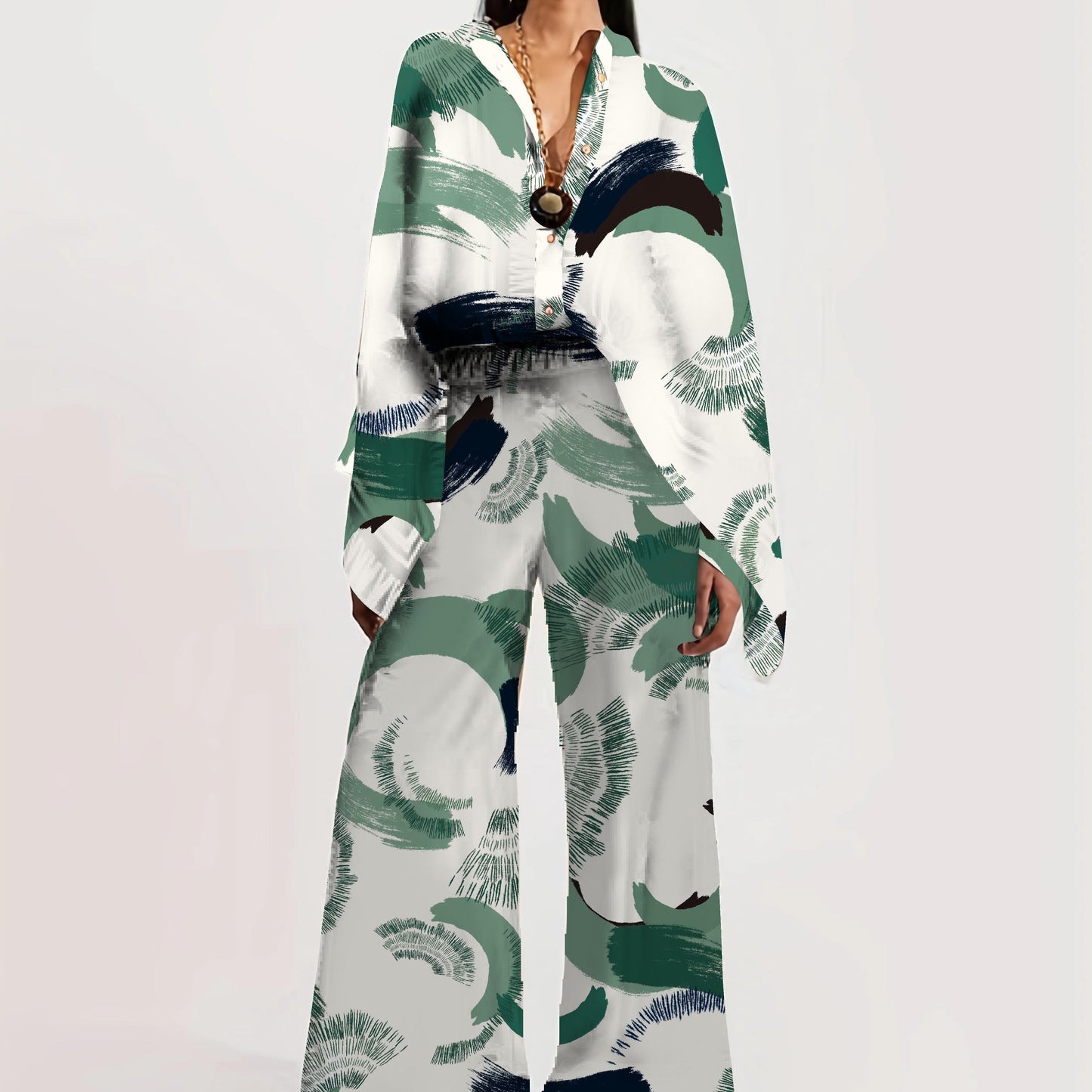 gbolsos Vacation Ethnic Print Two-piece Set, Long Sleeve Button Front Blouse & High Waist Wide Leg Pants Outfits, Women's Clothing