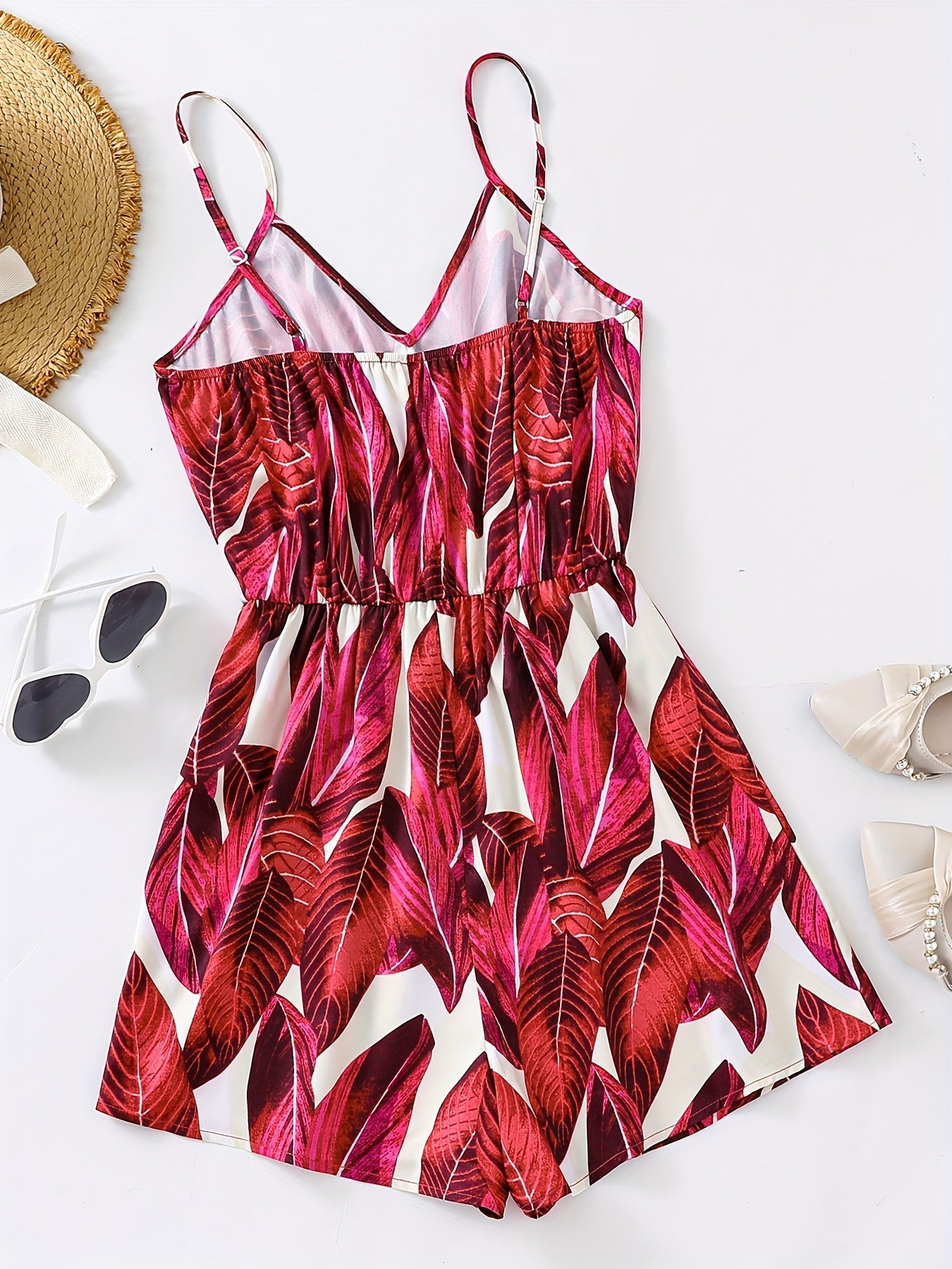 gbolsos Tropical Print V-neck Cami Romper Jumpsuit, Casual Sleeveless Romper Jumpsuit, Women's Clothing