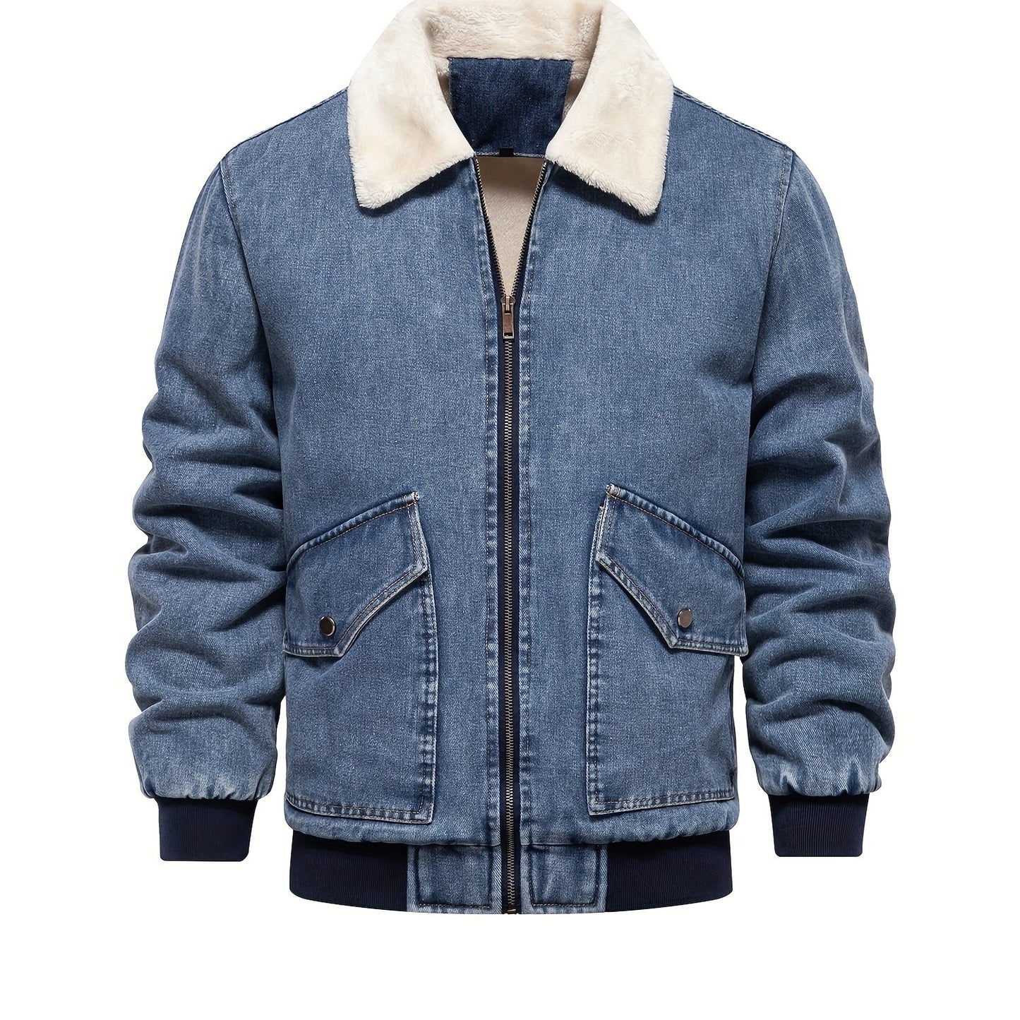 gbolsos Warm Fleece Denim Jacket, Men's Casual Flap Pocket Jacket Coat With Fur Collar For Fall Winter