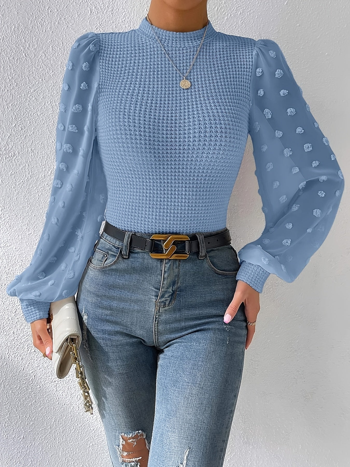 gbolsos Swiss Dot Mock Neck Blouse, Casual Long Lantern Sleeve Blouse For Spring & Fall, Women's Clothing