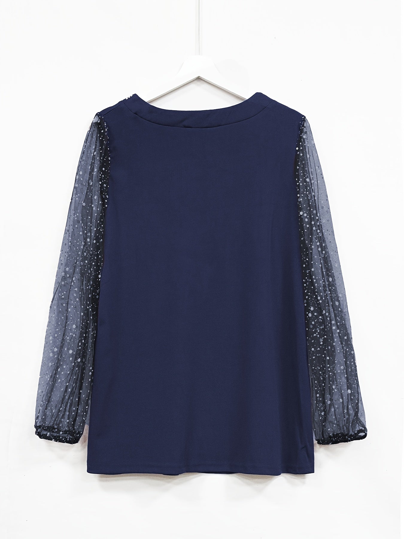 Plus Size Sexy Top, Women's Plus Solid Contrast Mesh Sequins & Rhinestone Decor Long Sleeve V Neck Top