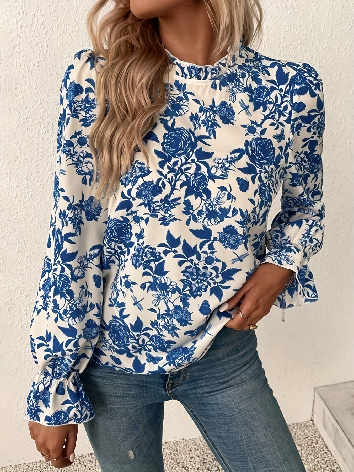 gbolsos Floral Print Keyhole Blouse, Casual High Neck Ruffle Long Sleeve Blouse, Women's Clothing