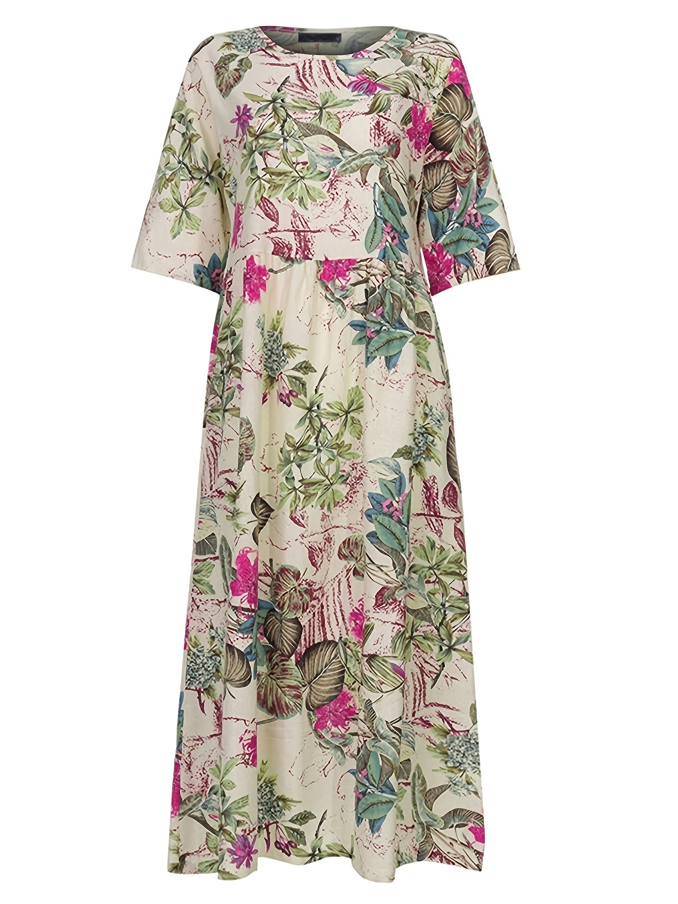 gbolsos Plus Size Casual Dress, Women's Plus Floral Print Half Sleeve Round Neck Maxi Dress