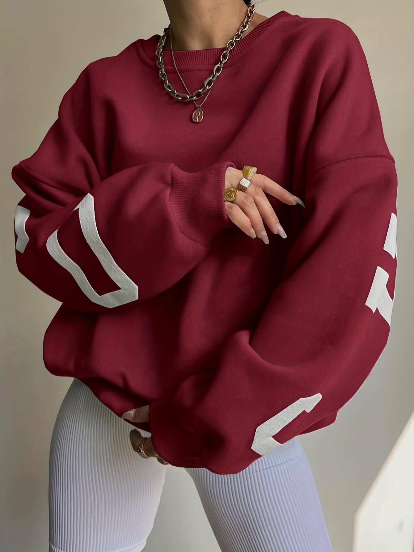 gbolsos Women Oversized Thermal Letter Graphic Print Sweatshirt Aesthetic Crew Neck Long Sleeve Drop Shoulder Pullover