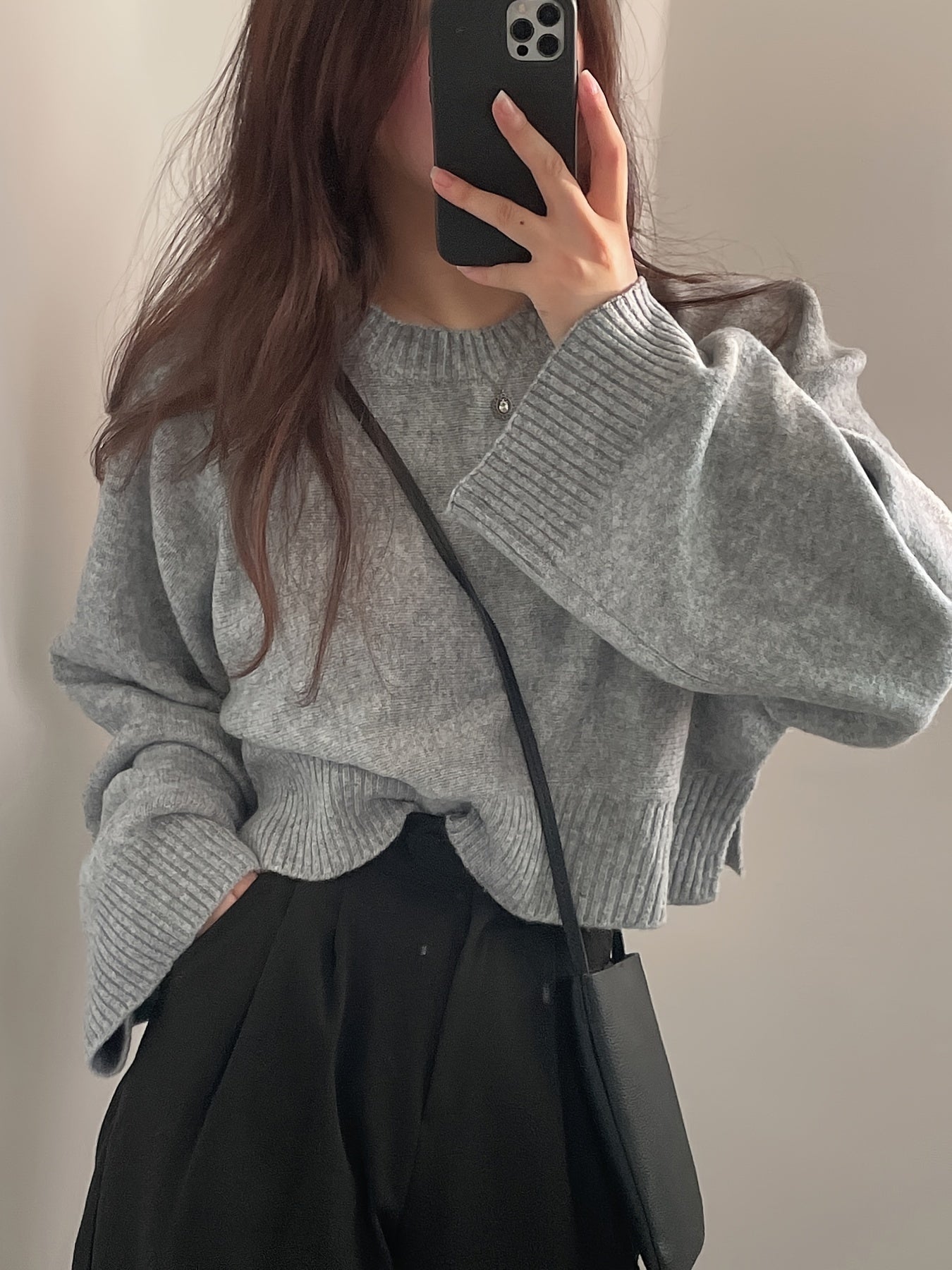 Solid Crew Neck Pullover Sweater, Casual Long Sleeve Split Loose Crop Sweater, Women's Clothing