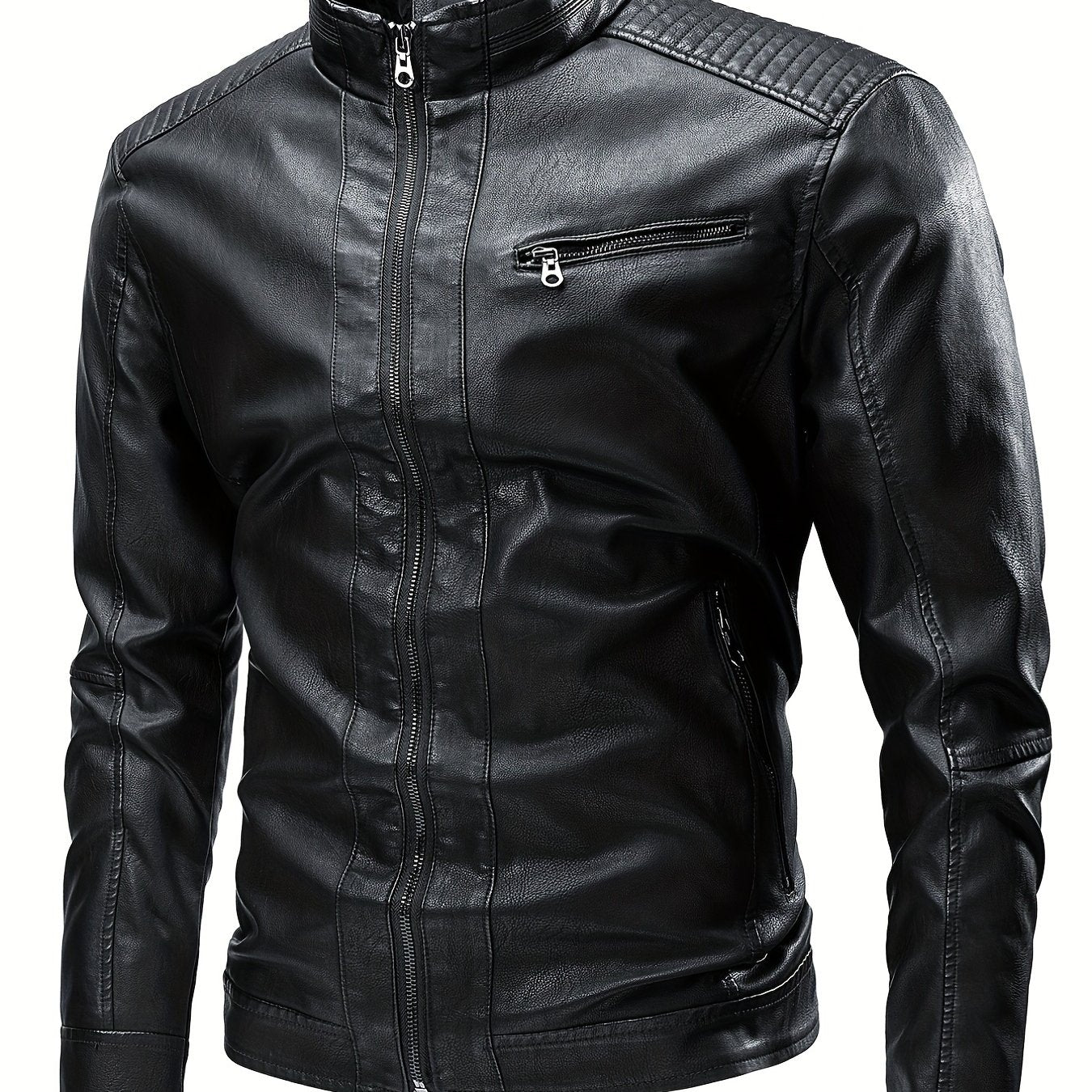 gbolsos Vintage PU Leather Jacket, Men's Casual Zip Up Stand Collar Faux Leather Jacket For Spring Fall Outdoor