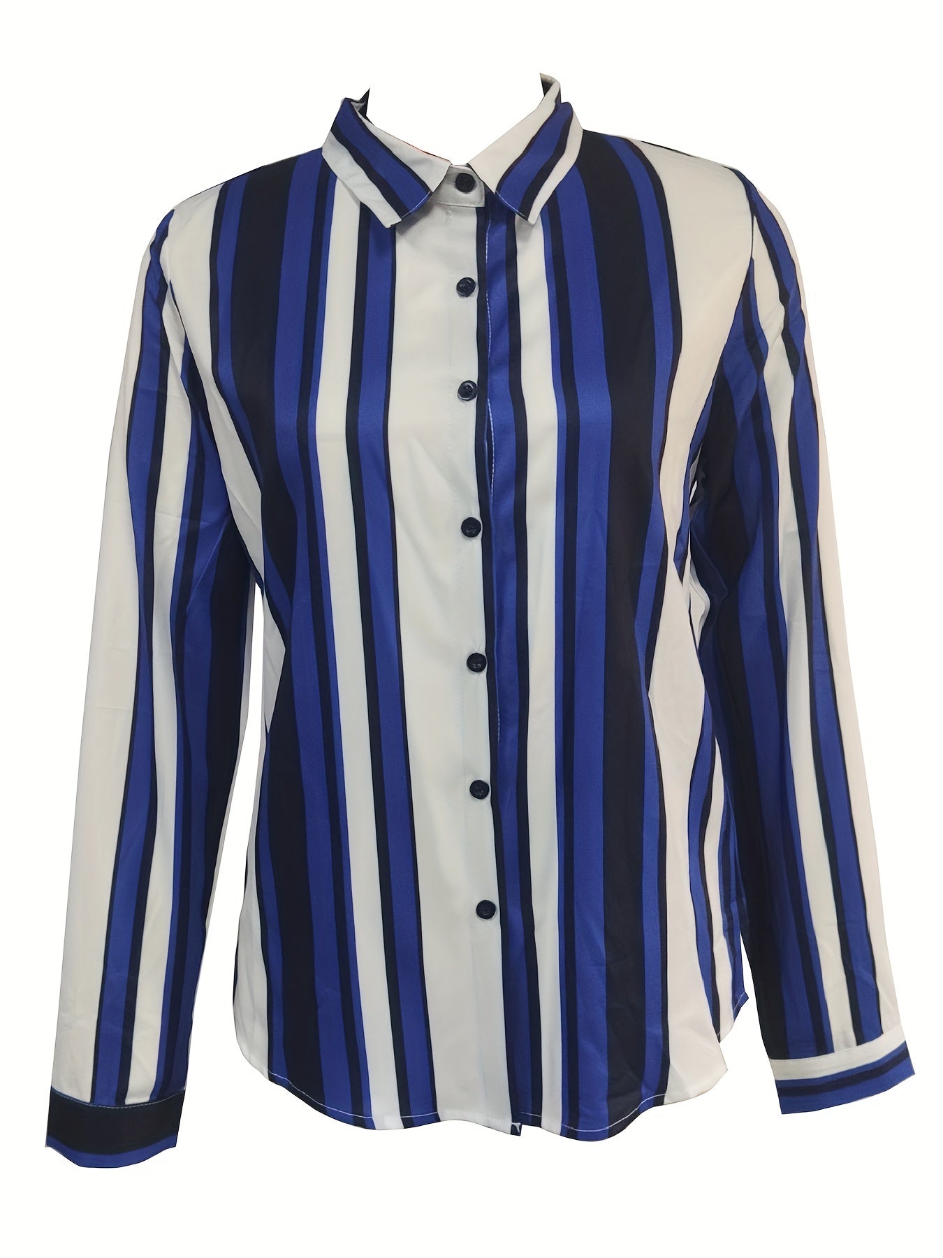 Striped Print Polo Collar Shirt, Casual Long Sleeve Button Up Shirt For Spring & Fall, Women's Clothing