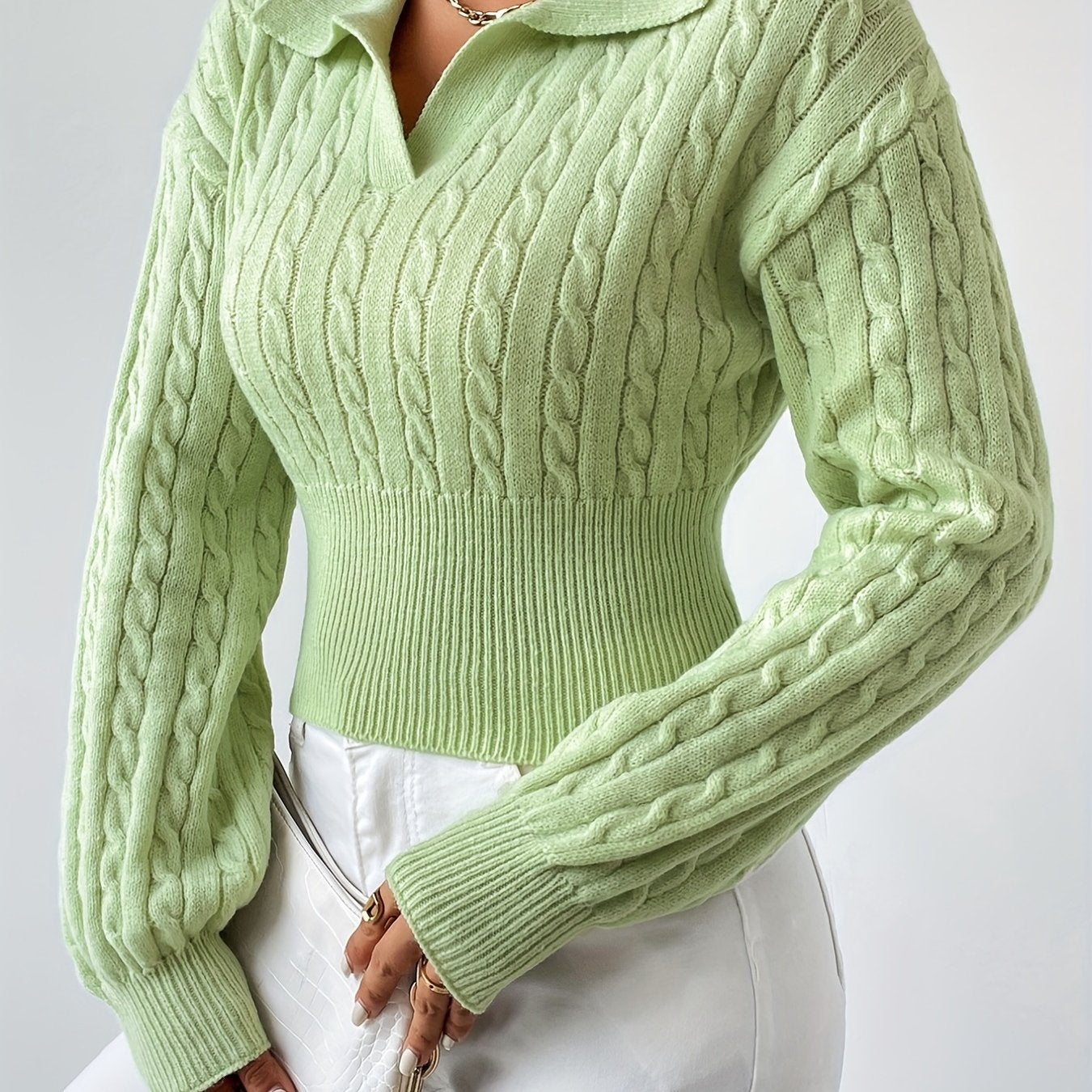 gbolsos Twist Textured V Neck Knitted Top, Casual Long Sleeve Sweater For Fall & Winter, Women's Clothing
