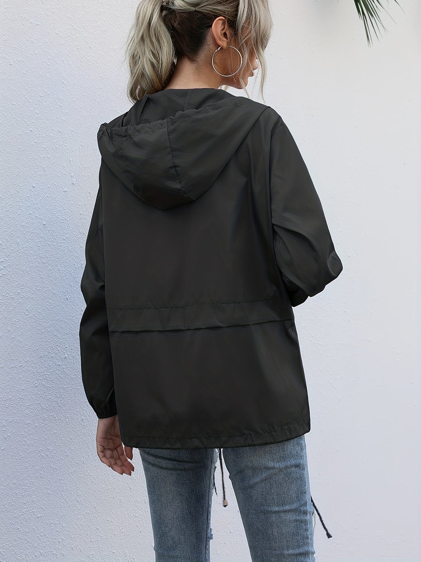 gbolsos Drawstring Solid Hooded Jacket, Casual Long Sleeve Versatile Outerwear, Women's Clothing