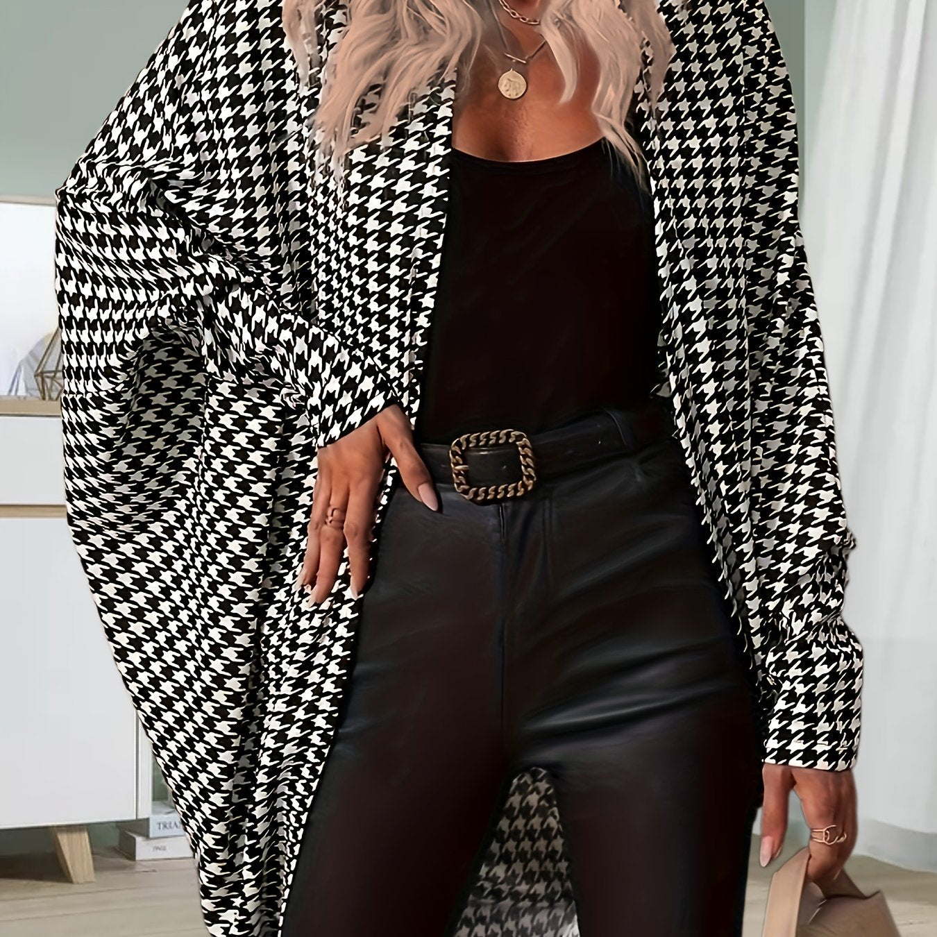 gbolsos Houndstooth Print Open Front Cardigan, Batwing Sleeve Cardigan For Spring & Fall, Women's Clothing