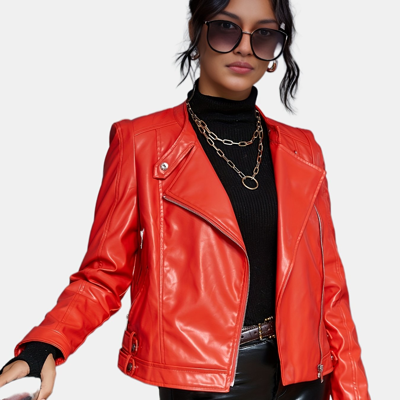 gbolsos Solid Zipper Faux Leather Jacket, Vintage Lapel Long Sleeve Biker Jacket, Women's Clothing