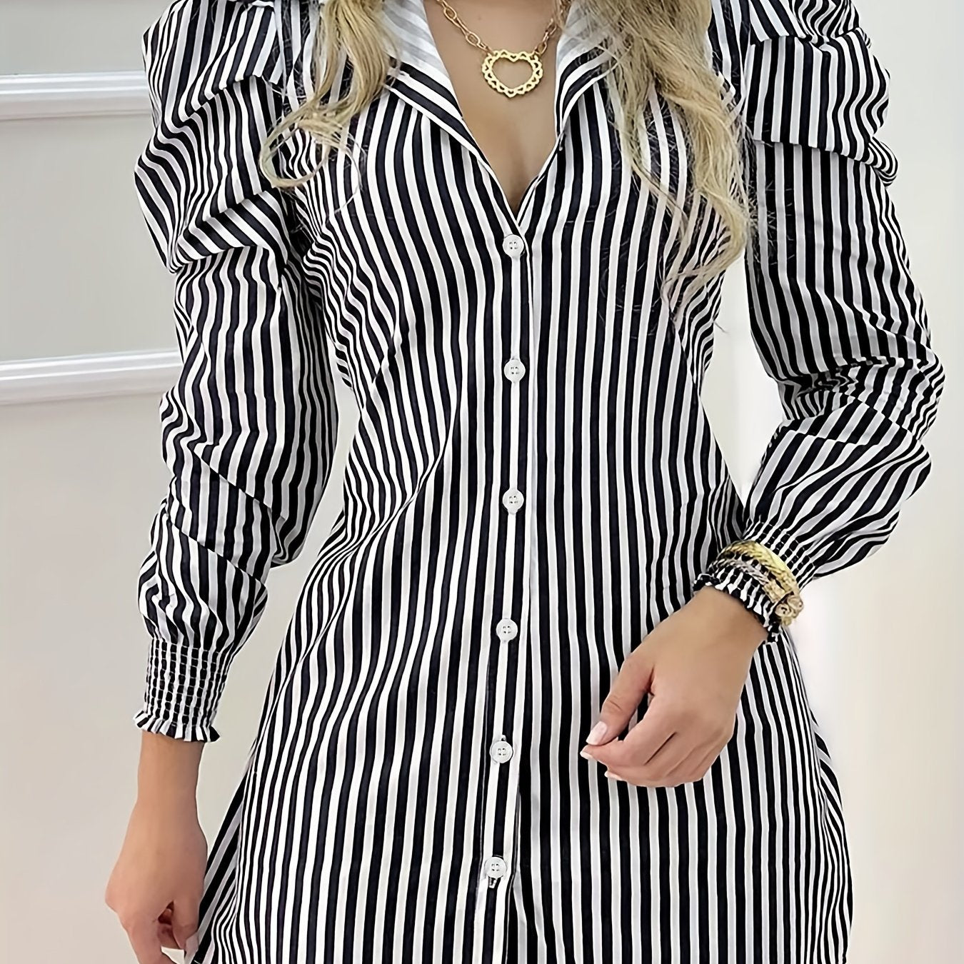 gbolsos Striped Print Mini Dress, Casual Button Front Puff Long Sleeve Dress, Women's Clothing