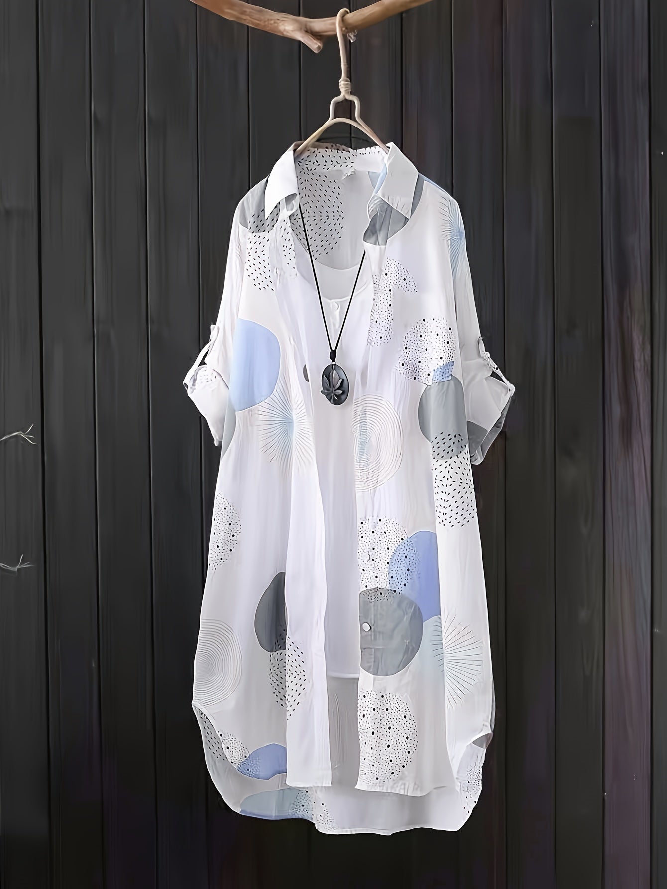 gbolsos Allover Print Button Front Blouse, Casual Long Sleeve Thigh Length Blouse For Spring & Fall, Women's Clothing