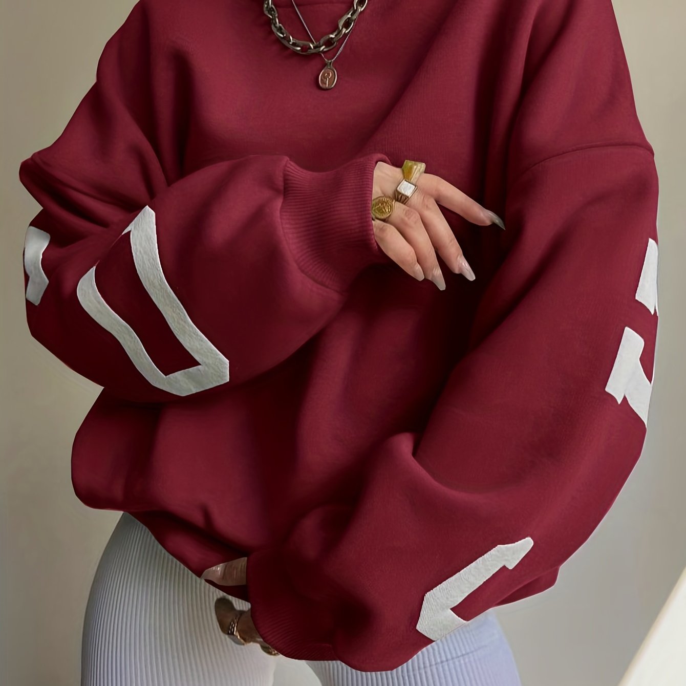 gbolsos Women Oversized Thermal Letter Graphic Print Sweatshirt Aesthetic Crew Neck Long Sleeve Drop Shoulder Pullover