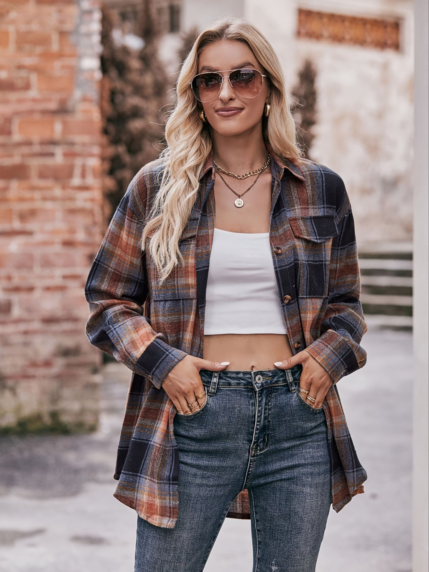 gbolsos Plaid Button Front Shirt, Elegant Long Sleeve Lapel Shirt, Women's Clothing