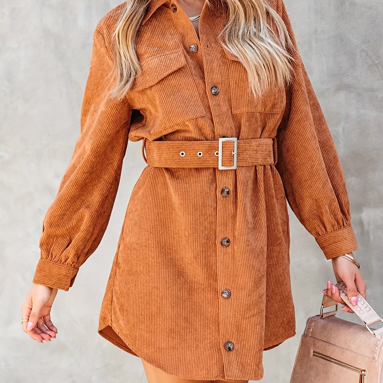 gbolsos Button Front Mini Dress, Casual Long Sleeve Versatile Dress, Women's Clothing