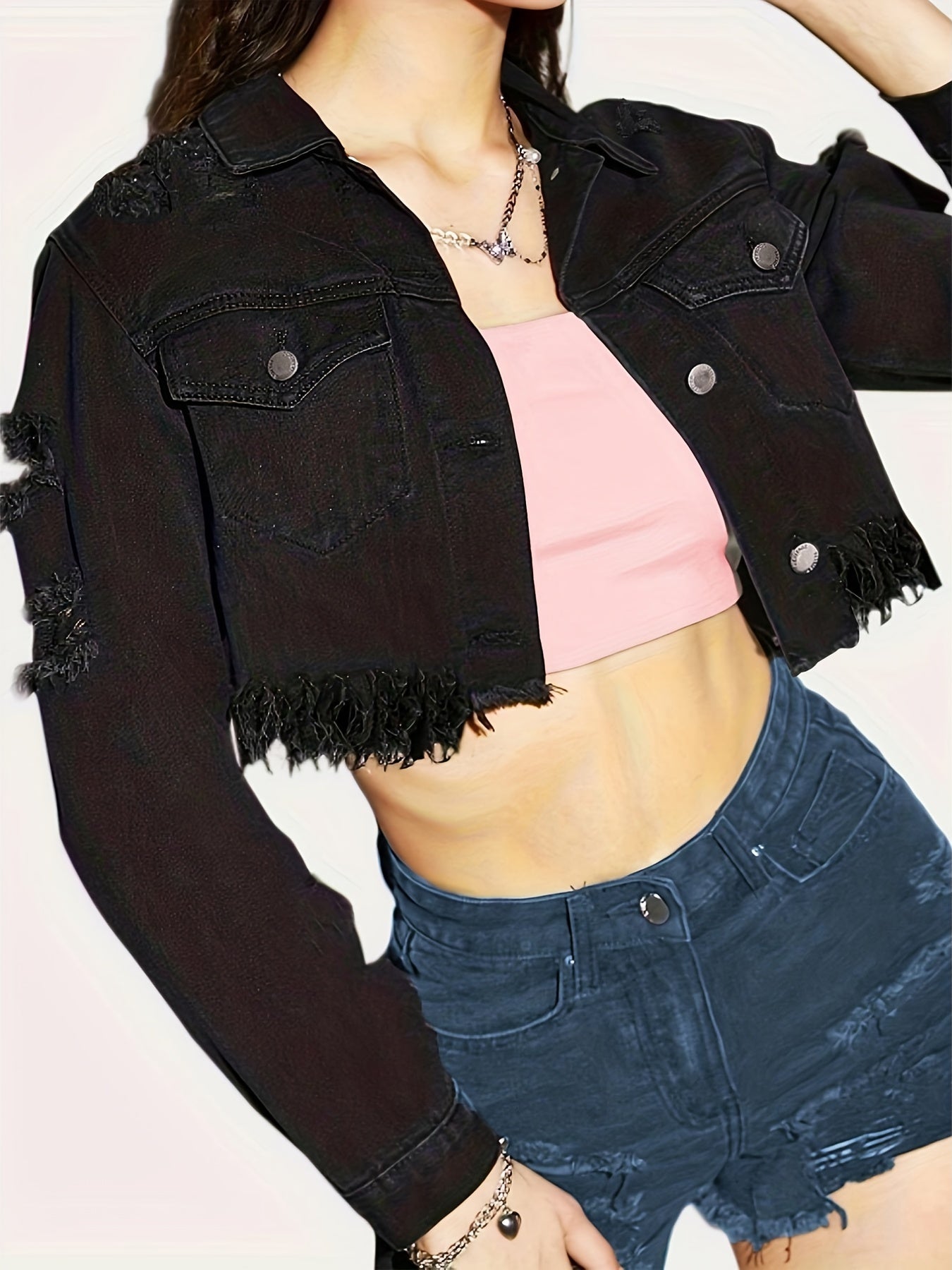 gbolsos Black Cropped Denim Jackets, Distressed Raw Hem Long Sleeve Casual Single Breasted Button Flap Pockets Denim Coats, Women's Denim Clothing