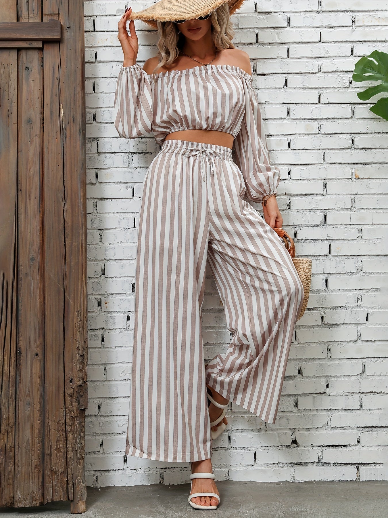 Striped Print Casual Two-piece Set, Off Shoulder Long Sleeve Tops & Wide Leg Drawstring Pants Outfits, Women's Clothing