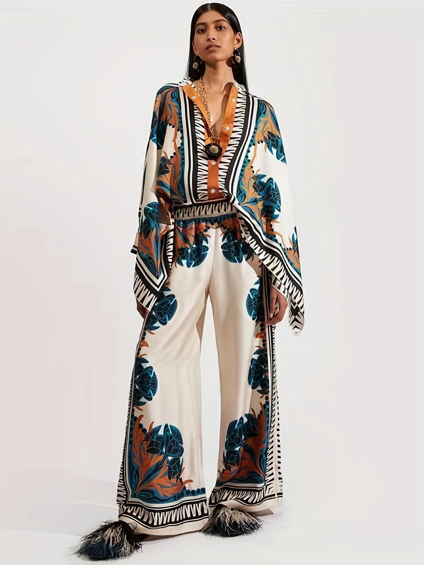gbolsos Vacation Ethnic Print Two-piece Set, Long Sleeve Button Front Blouse & High Waist Wide Leg Pants Outfits, Women's Clothing
