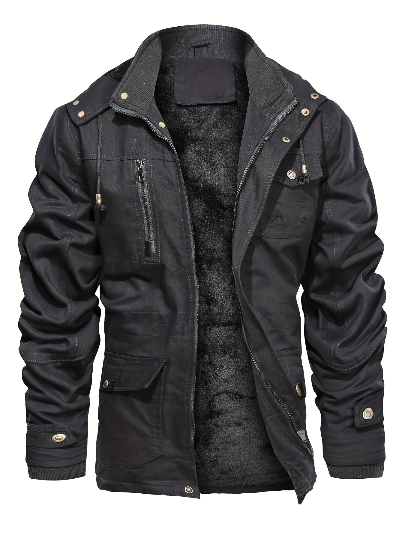 gbolsos Men's Winter Cargo Jackets Casual Thicken Multi-Pocket Outwear Fleece Lined Military Warm Coat Removable Hood