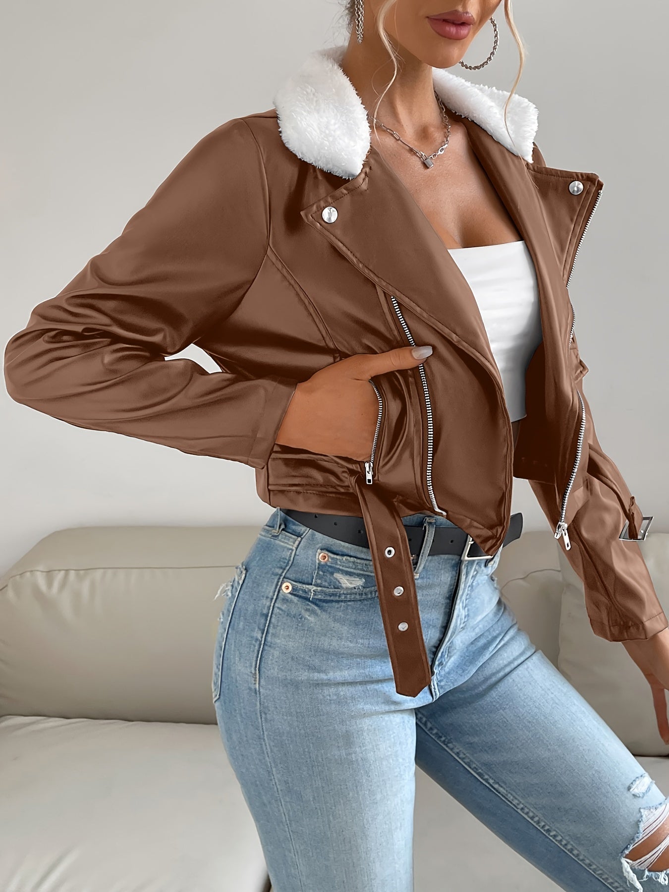 gbolsos Zip Up PU Leather Jacket, Casual Long Sleeve Solid Outerwear, Women's Clothing