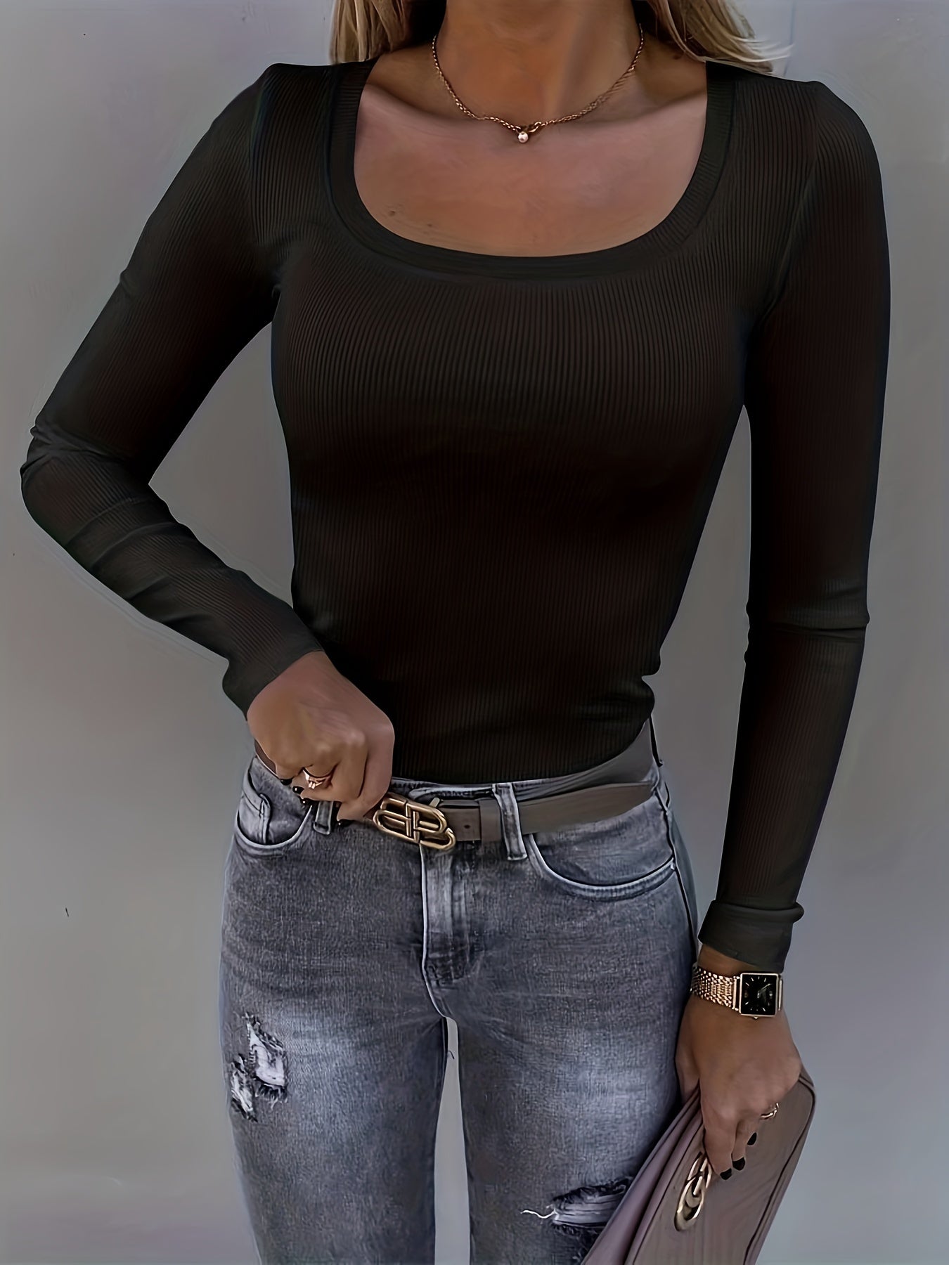 gbolsos Ribbed Crew Neck T-Shirt, Casual Slim Long Sleeve Top For Spring & Fall, Women's Clothing