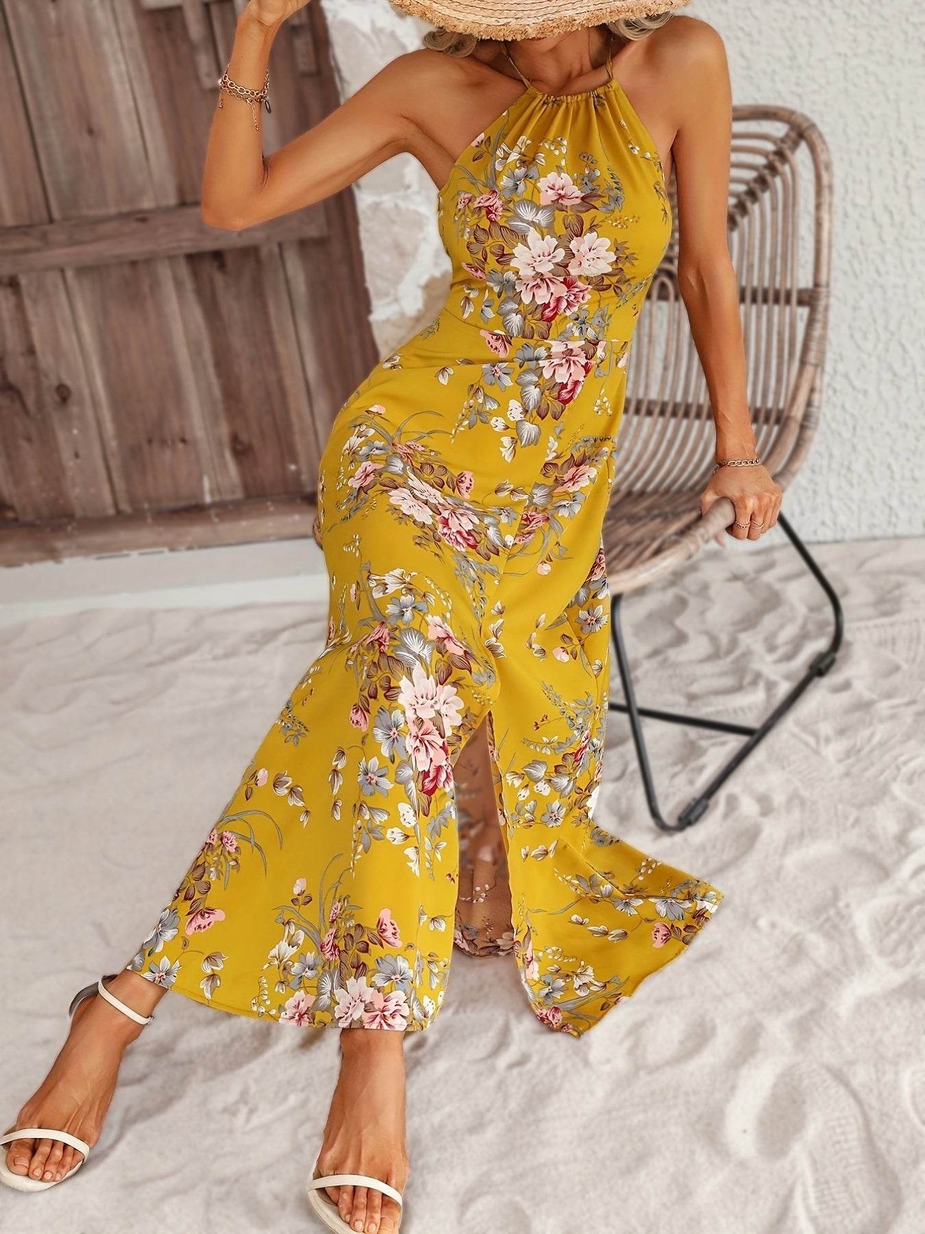 gbolsos Floral Print Split Halter Neck Dress, Sexy Halter Dress For Spring & Summer, Women's Clothing