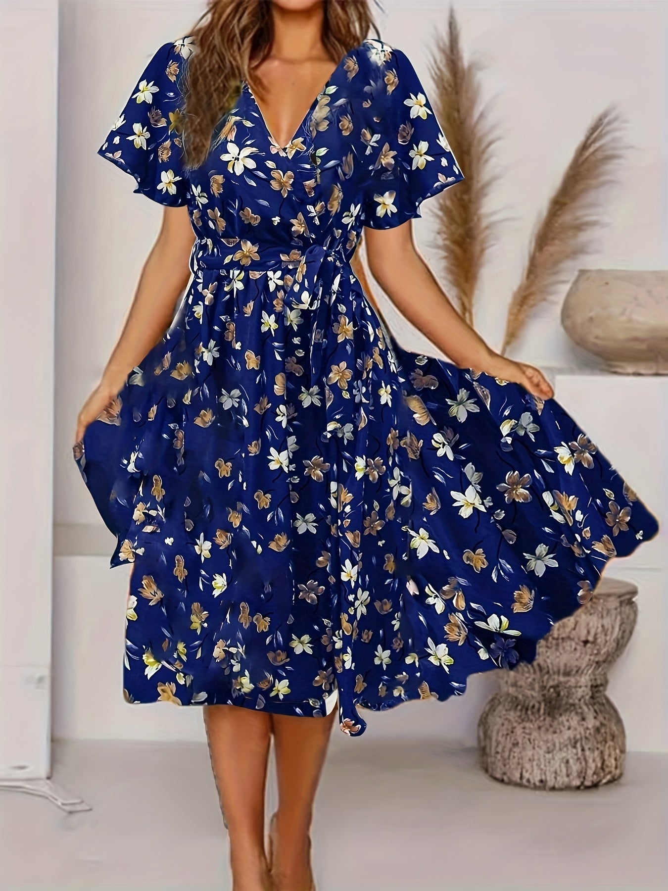 gbolsos Floral Print V Neck Dress, Elegant Knot Pleated Short Sleeve Dress, Women's Clothing