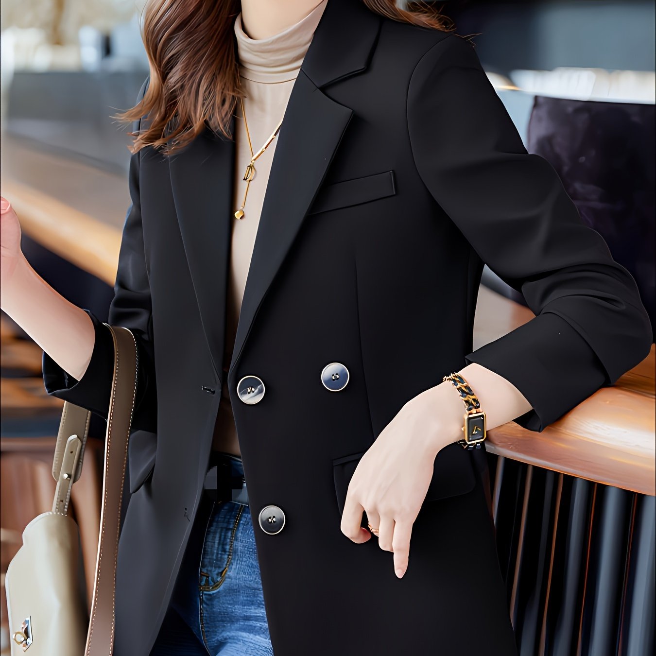 gbolsos Solid Color Open Front Blazer, Elegant Lapel Neck Double Breasted Long Sleeve Split Blazer For Every Day, Women's Clothing