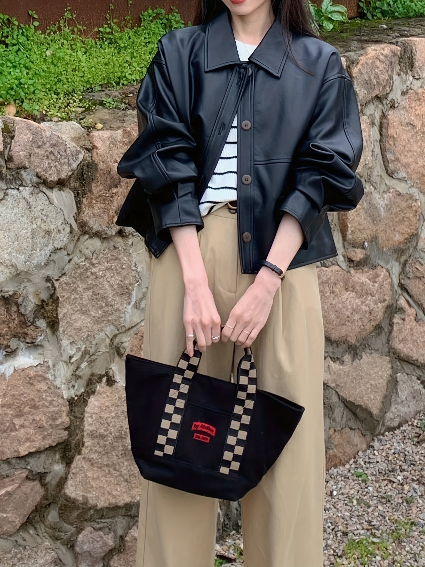 gbolsos Solid Cropped PU Jacket, Vintage Button Front Long Sleeve Outerwear, Women's Clothing
