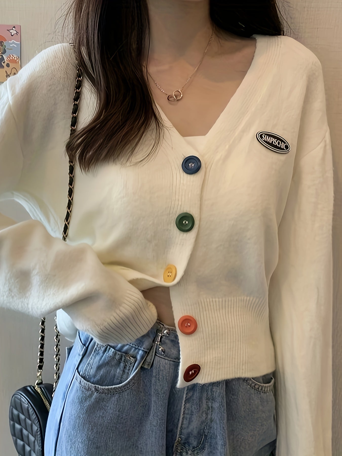 gbolsos Solid Colorful Buttons Cardigan, Casual Long Sleeve Drop Shoulder Outwear, Women's Clothing